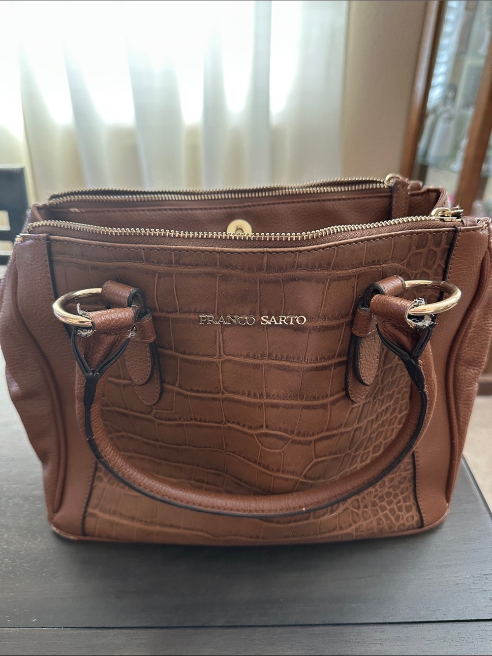 Franco Sarto Cognac Croc-Embossed Satchel with Gold Hardware